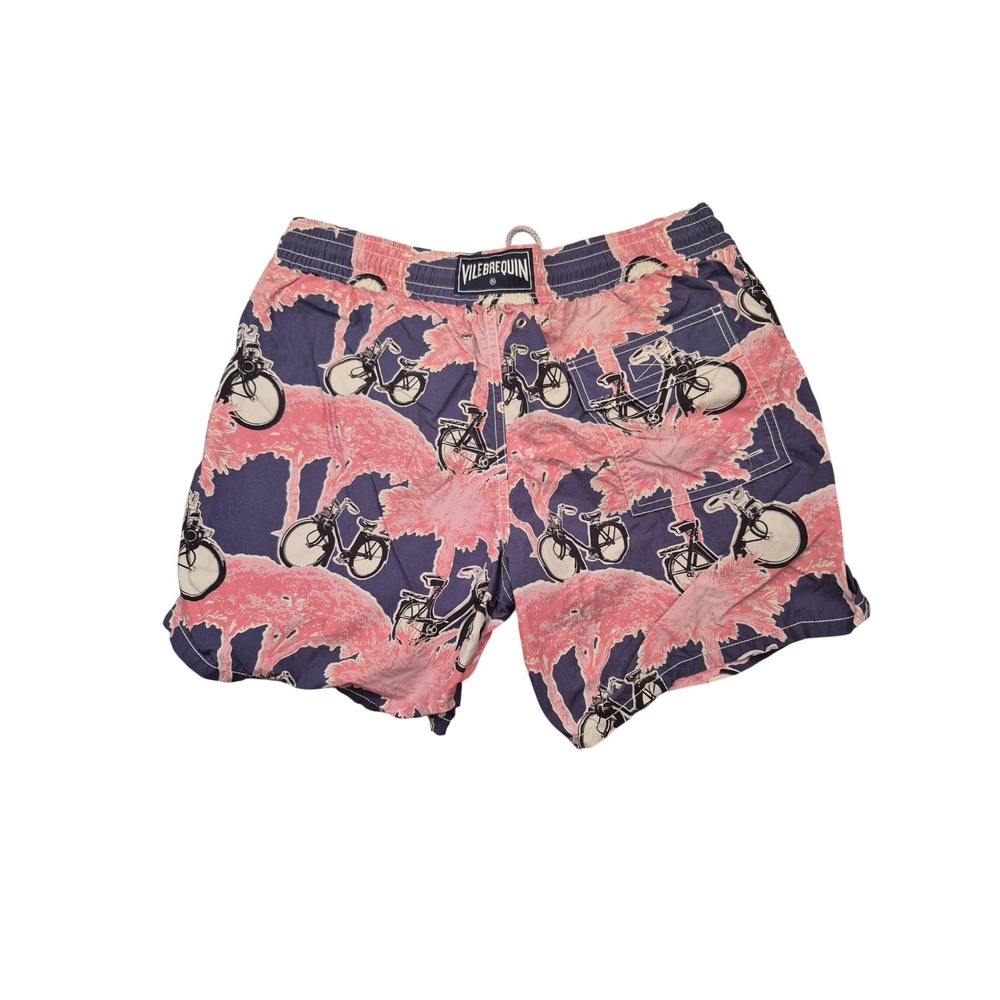Vilebrequin Mens Bicycle Palm Tree Print Swim Trunks Navy Pink Large